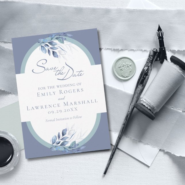 Convite Slate Blue Eucalyptus Weding the Date Card (Criador carregado)