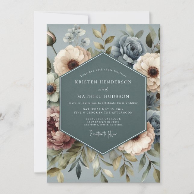 Convite Slate Blue Faded Posy Wedding (Frente)