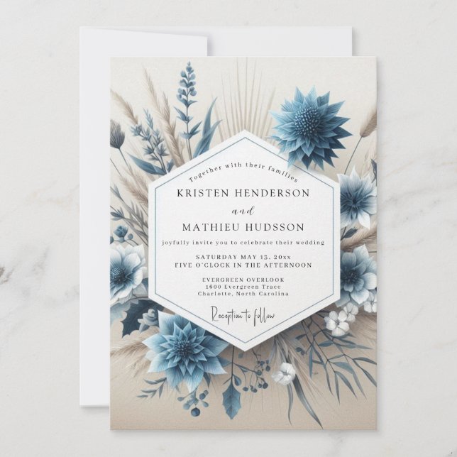 Convite Slate Blue Floral Autumn Wedding (Frente)