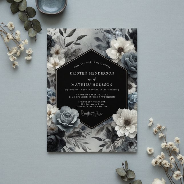 Convite Slate Blue Floral Bloom Wedding (Criador carregado)