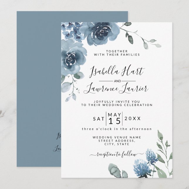 Convite Slate Blue Floral Dusty Blue Pastel Casamento (Frente/Verso)