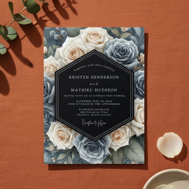 Convite Slate Blue Floral Elegance Wedding (Criador carregado)
