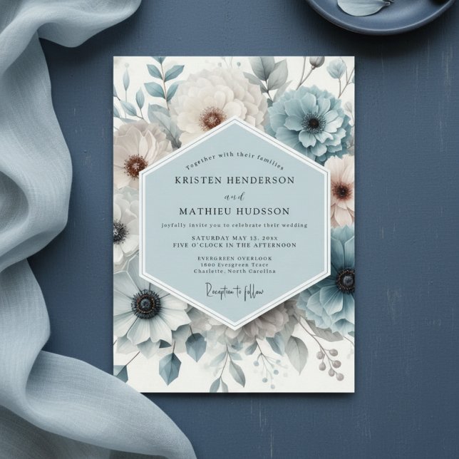 Convite Slate Blue Floral Elegance Wedding (Criador carregado)