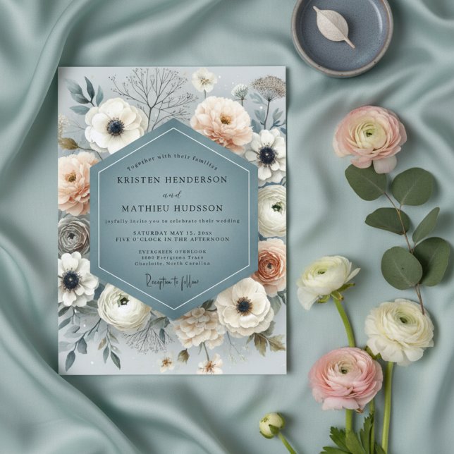 Convite Slate Blue Floral Flourish Wedding (Criador carregado)