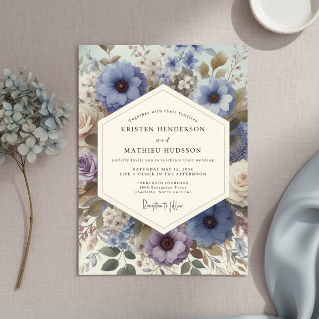 Convite Slate Blue Floral Meadow Wedding (Criador carregado)