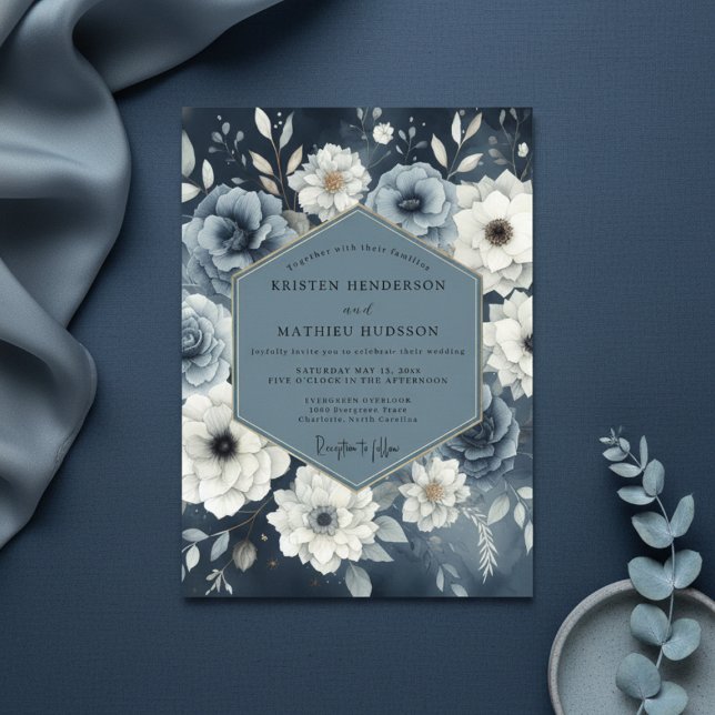 Convite Slate Blue Floral Moody Wedding (Criador carregado)