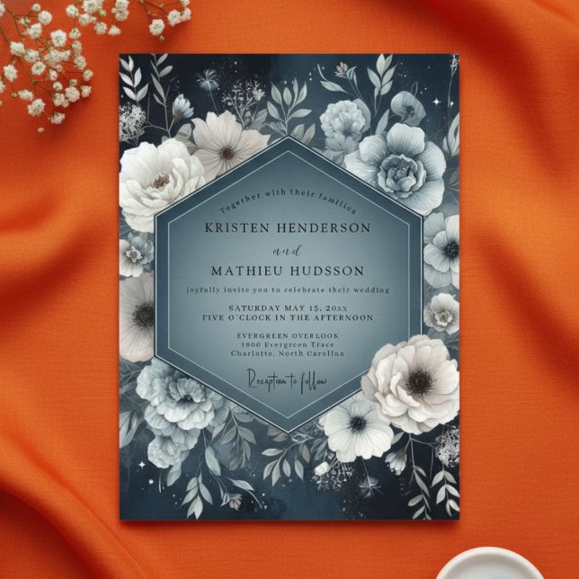 Convite Slate Blue Floral Nightfall Wedding (Criador carregado)
