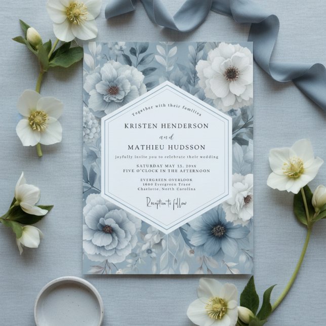 Convite Slate Blue Floral Opulent Wedding (Criador carregado)