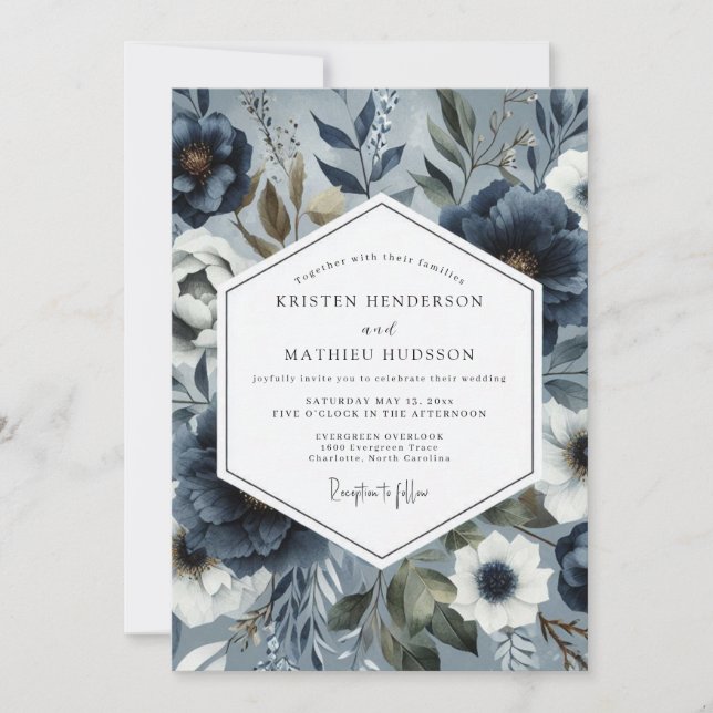 Convite Slate Blue Floral Romance Wedding (Frente)