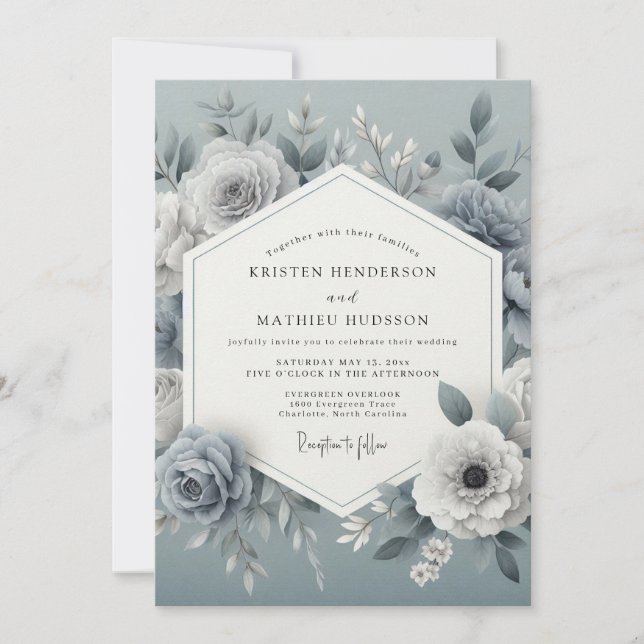 Convite Slate Blue Floral Romantic Wedding (Frente)