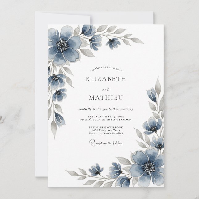 Convite Slate Blue Floral Romantic Wedding (Frente)