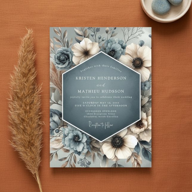 Convite Slate Blue Floral Whimsy Wedding (Criador carregado)