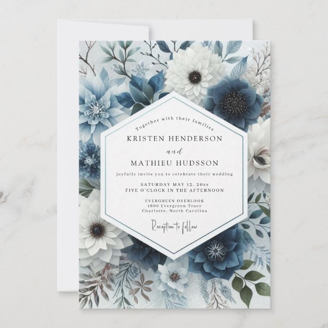 Convite Slate Blue Frosted Flora Wedding (Frente)
