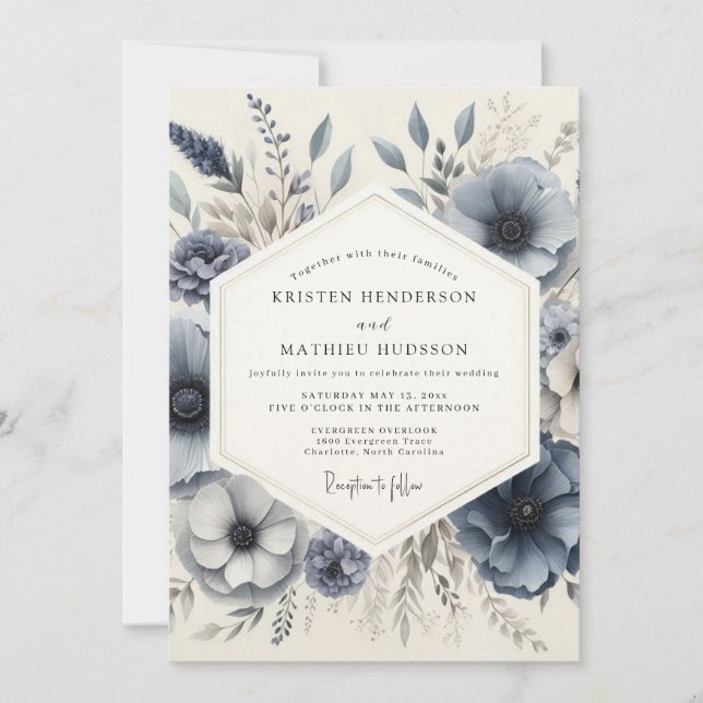 Convite Slate Blue Frosted Floral Wedding (Frente)