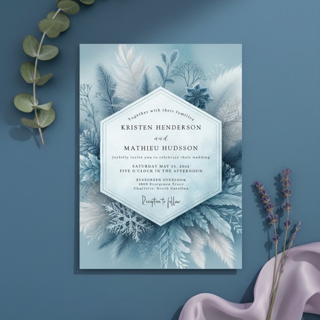 Convite Slate Blue Frosty Botanical Wedding (Criador carregado)
