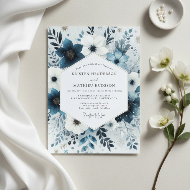 Convite Slate Blue Frosty Flora Wedding (Criador carregado)