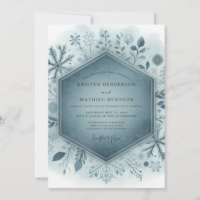 Convite Slate Blue Frosty Floral Wedding (Frente)