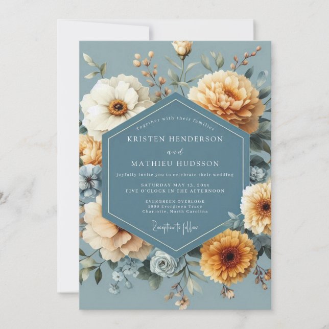 Convite Slate Blue Golden Bloom Wedding (Frente)