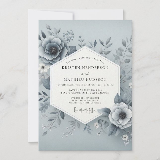 Convite Slate Blue Hazy Bloom Wedding (Frente)