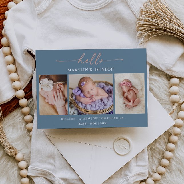 Convite Slate Blue Minimalist Photo Baby Announcement Card (Criador carregado)