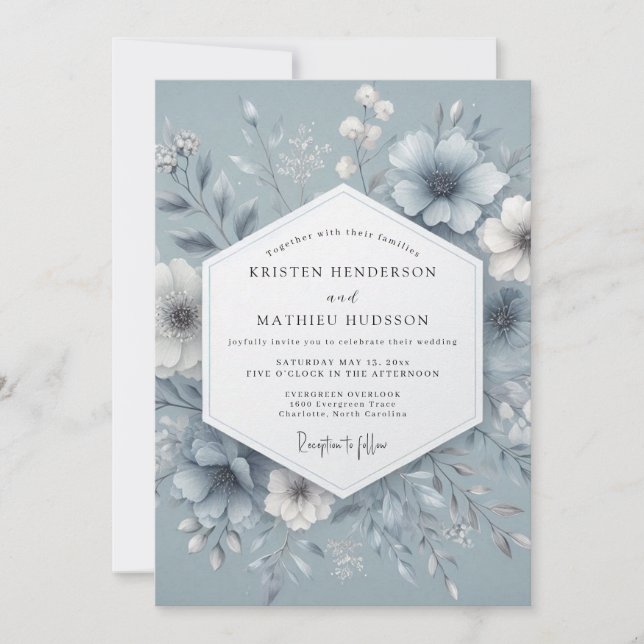 Convite Slate Blue Misty Bloom Wedding (Frente)