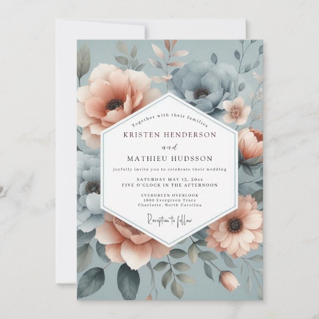 Convite Slate Blue Misty Floral Wedding (Frente)