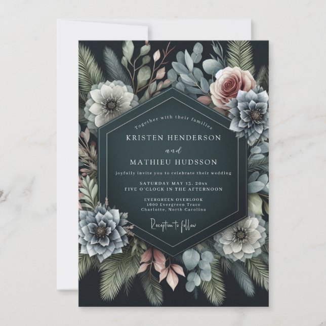 Convite Slate Blue Moody Flora Wedding (Frente)