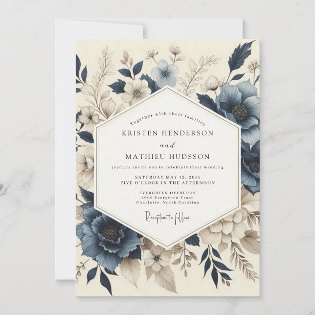 Convite Slate Blue Muted Bloom Wedding (Frente)