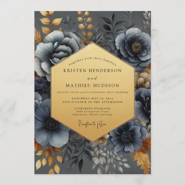 Convite Slate Blue Nocturne Bloom Wedding (Frente)