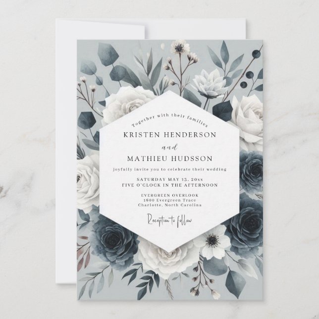 Convite Slate Blue Nocturne Bloom Wedding (Frente)
