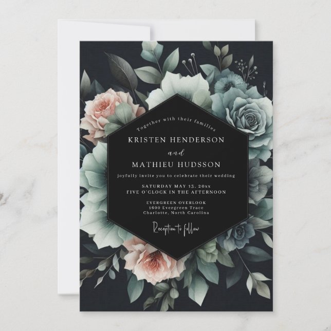 Convite Slate Blue Noir Bloom Wedding (Frente)