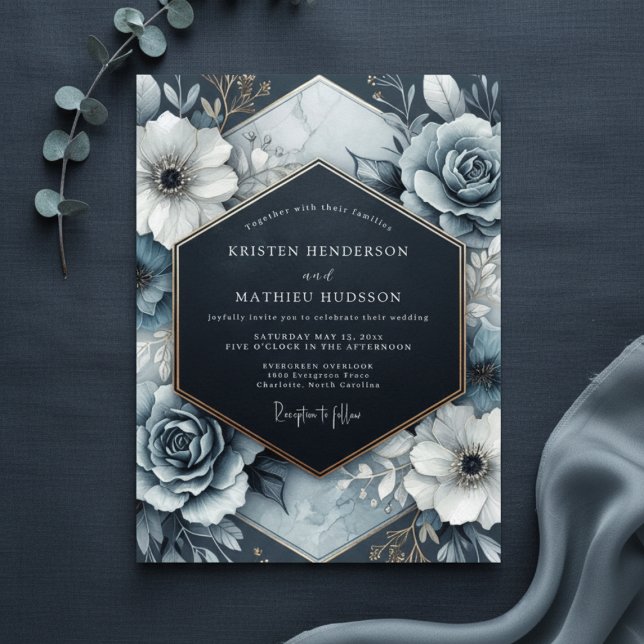 Convite Slate Blue Opulent Bloom Wedding (Criador carregado)