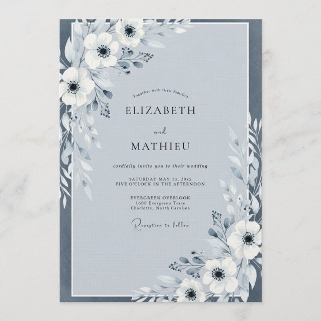 Convite Slate Blue Painterly Anemone Wedding (Frente)