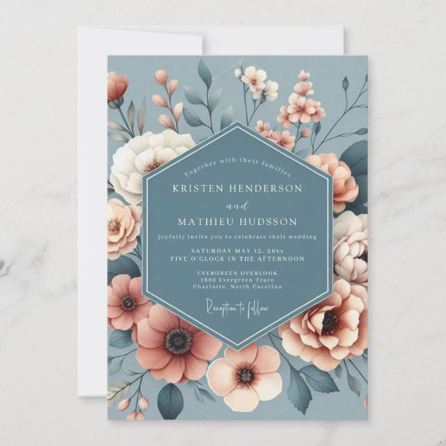 Convite Slate Blue Painterly Bloom Wedding (Frente)