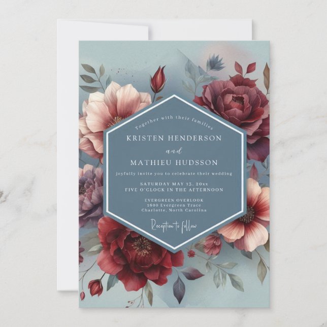 Convite Slate Blue Painterly Bloom Wedding (Frente)