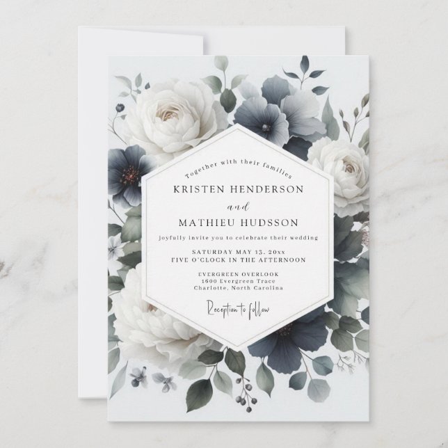 Convite Slate Blue Painterly Flora Wedding (Frente)