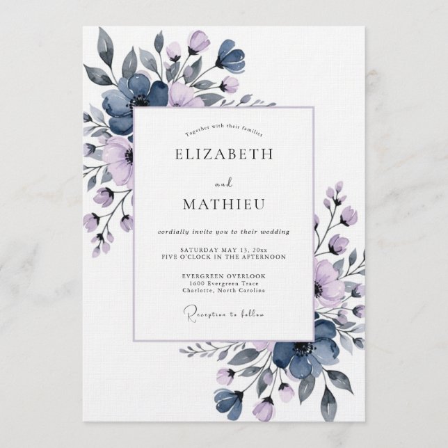 Convite Slate Blue Painterly Flora Wedding (Frente)