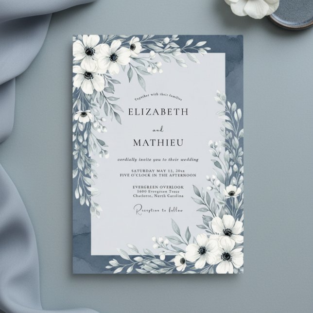 Convite Slate Blue Painterly Floral Wedding (Criador carregado)