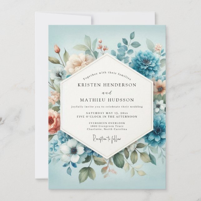 Convite Slate Blue Peach Aquarelle Wedding (Frente)