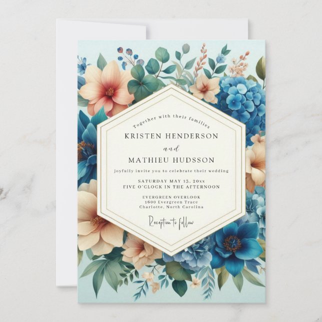 Convite Slate Blue Peach Artful Bloom Wedding (Frente)