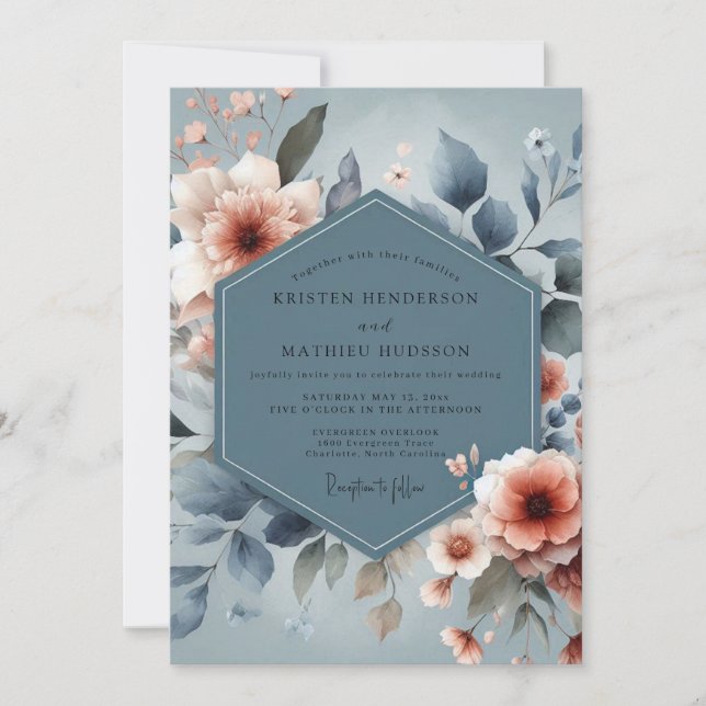 Convite Slate Blue Peach Dreamy Wedding (Frente)