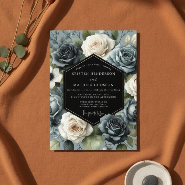 Convite Slate Blue Rose Bloom Wedding (Criador carregado)