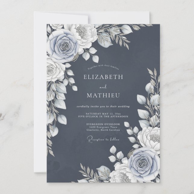 Convite Slate Blue Rose Romance Wedding (Frente)