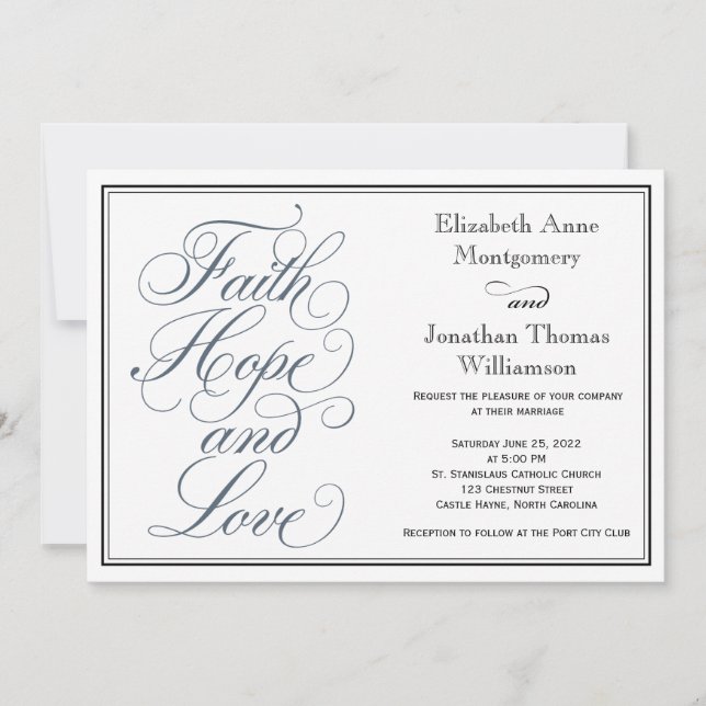 Convite Slate Blue Script Faith Hope & Love Casamento (Frente)