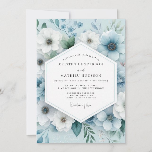 Convite Slate Blue Serene Anemone Wedding (Frente)