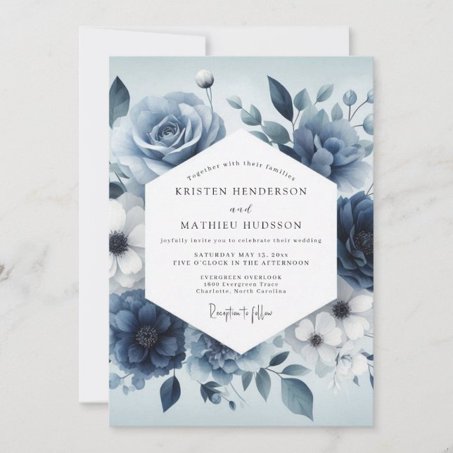 Convite Slate Blue Serene Bloom Wedding (Frente)