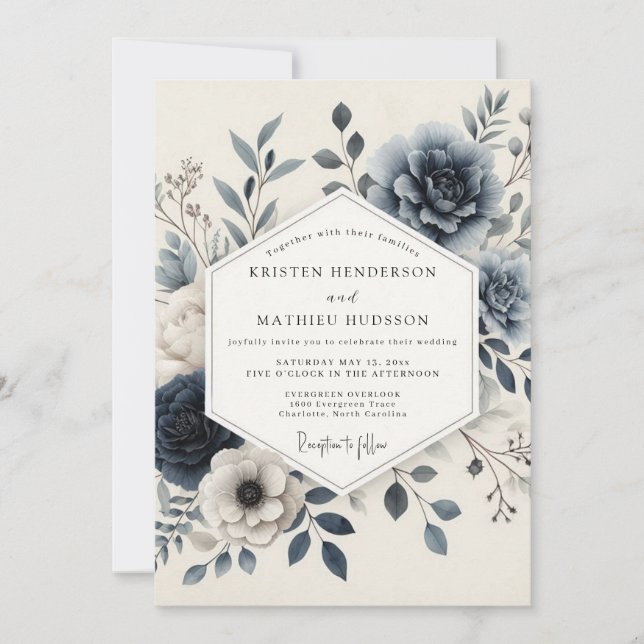 Convite Slate Blue Serene Floral Wedding (Frente)