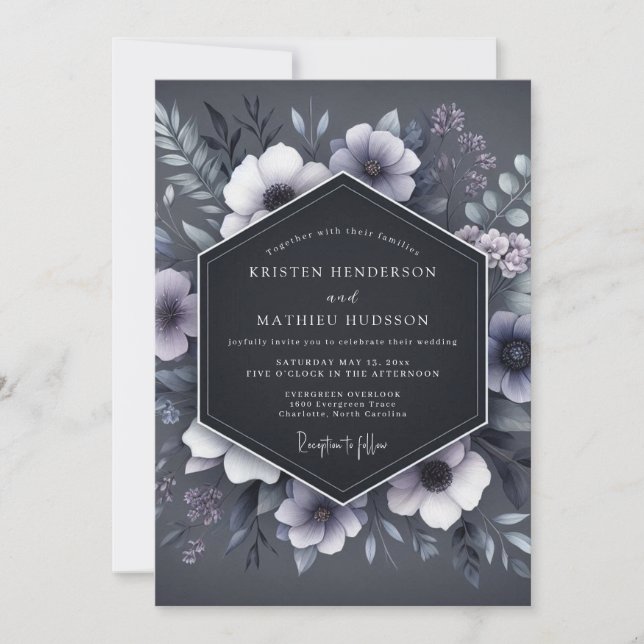 Convite Slate Blue Shadowy Flora Wedding (Frente)