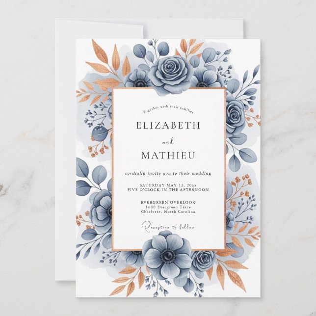 Convite Slate Blue Sophisticated Botanical Wedding (Frente)