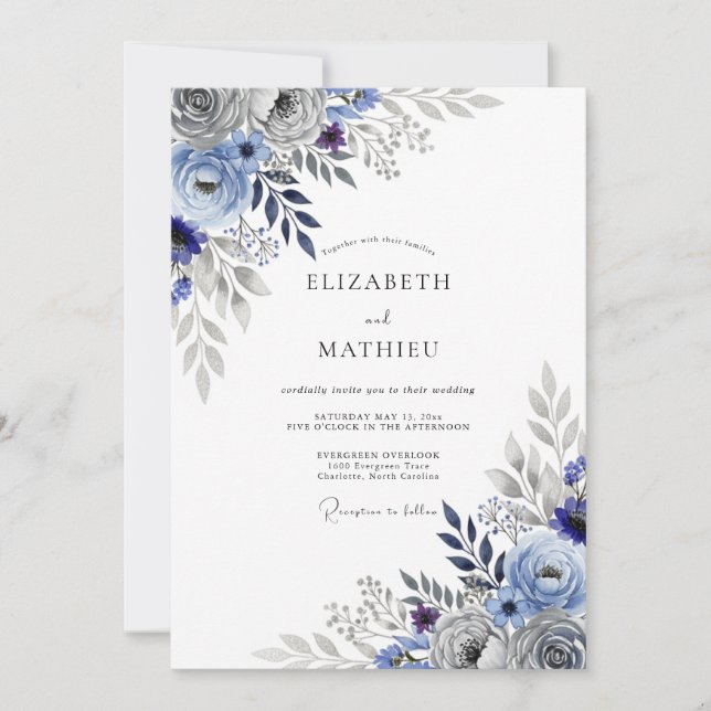 Convite Slate Blue Striking Botanical Wedding (Frente)